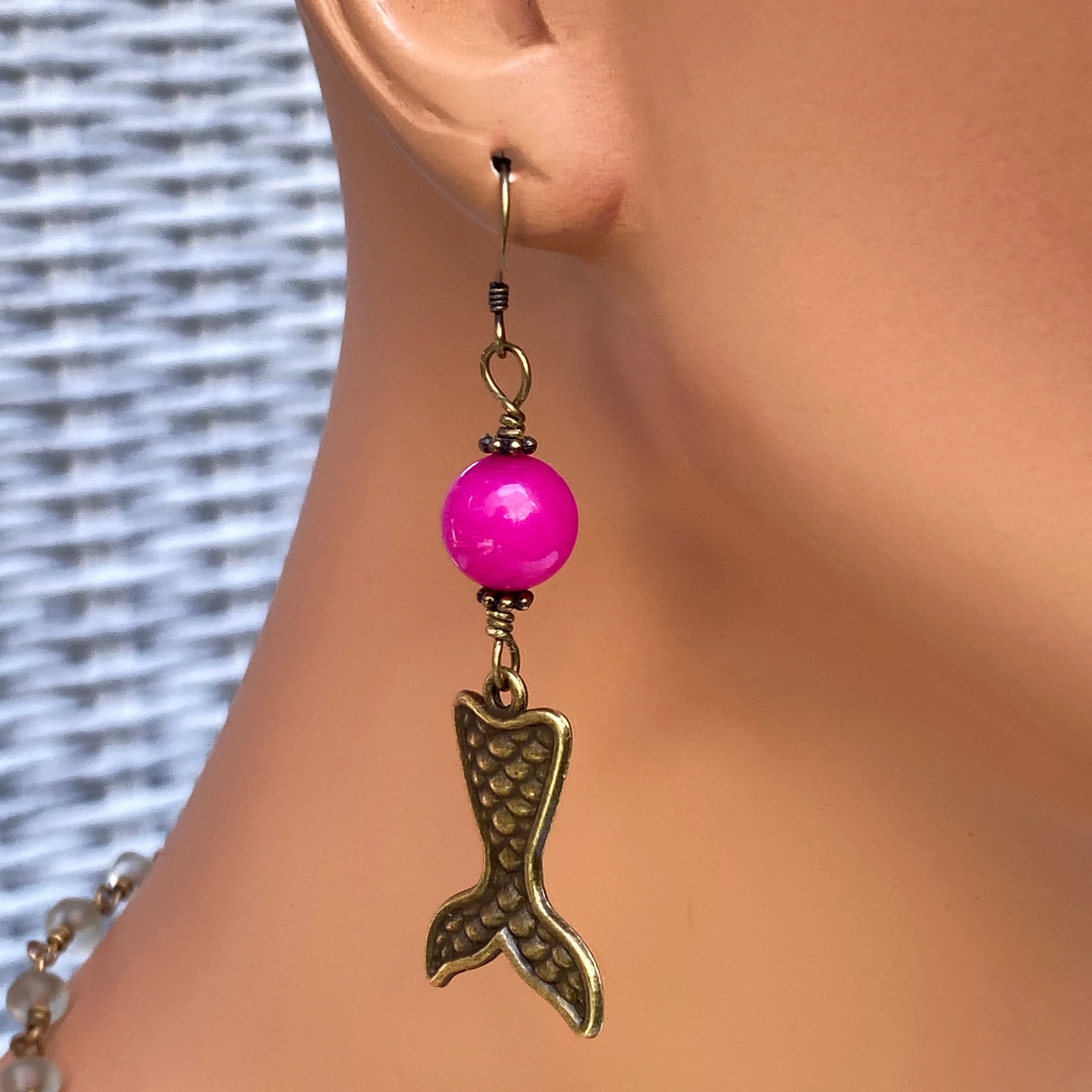 Rhodochrosite gemstone and brass Mermaid Tail Dangle Drop Earrings