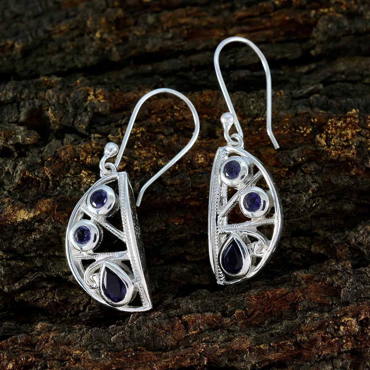 Riyo Aesthetic 925 Sterling Silver Earring For Female Iolite Earring Bezel Setting Blue Earring Dangle Earring