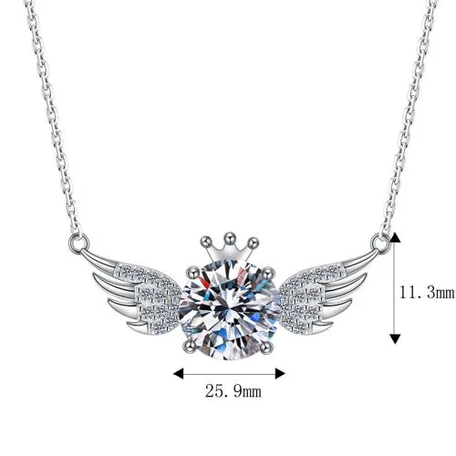 S925 Silver Angel Feather Wings Round Cut CZ Diamond Pendant Necklace