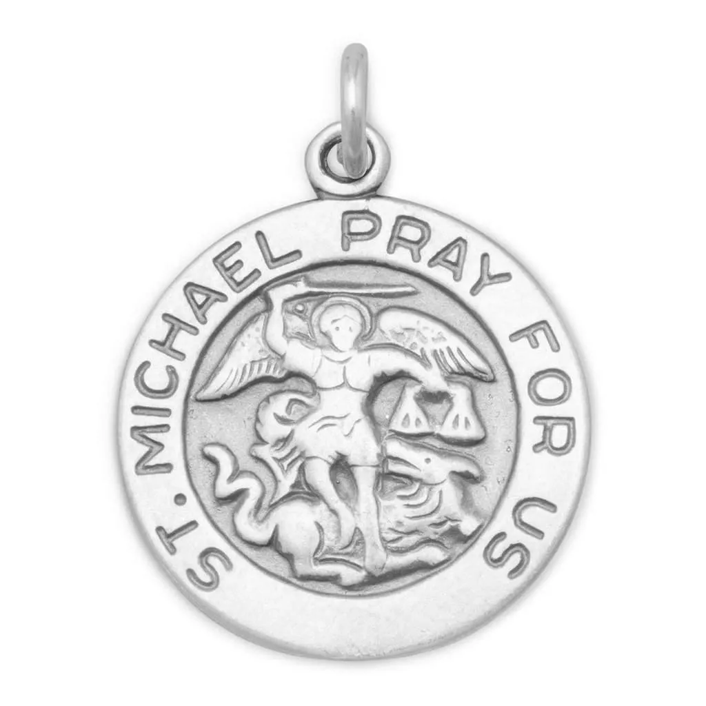 Saint Michael Sterling Silver Round Pendant Necklace