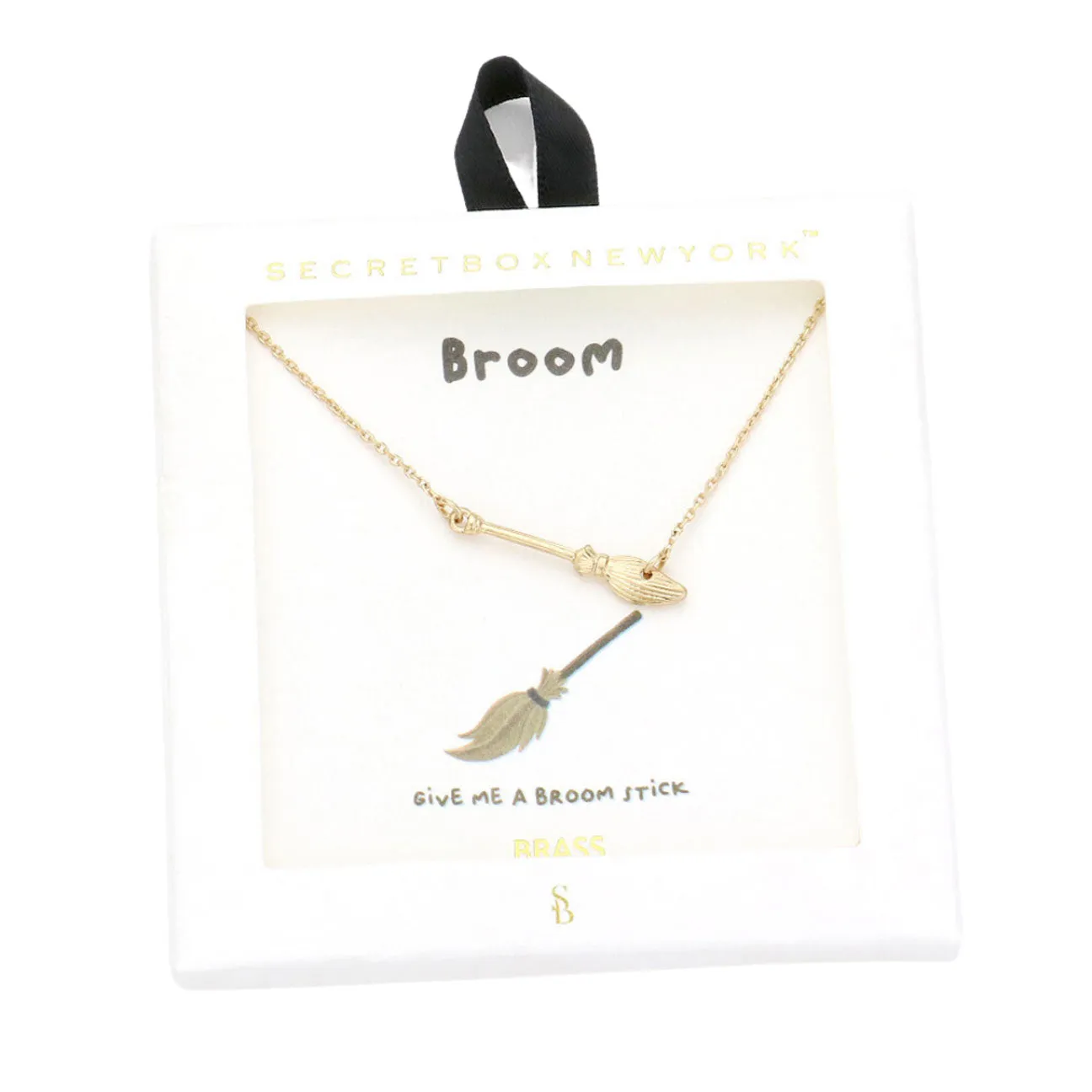 Secret Box Brass Metal Broom Pendant Necklace