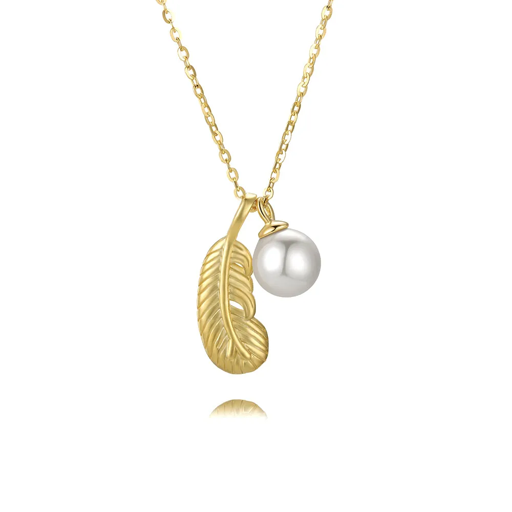 Simple Pearl Feather Pendant Necklace