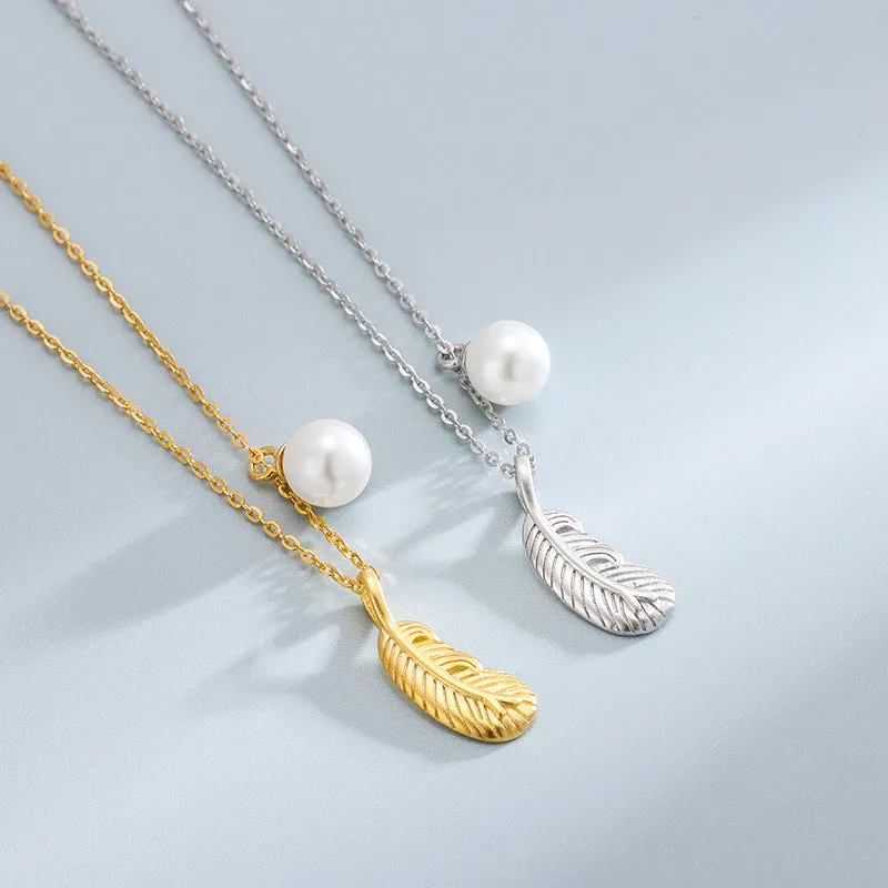 Simple Pearl Feather Pendant Necklace