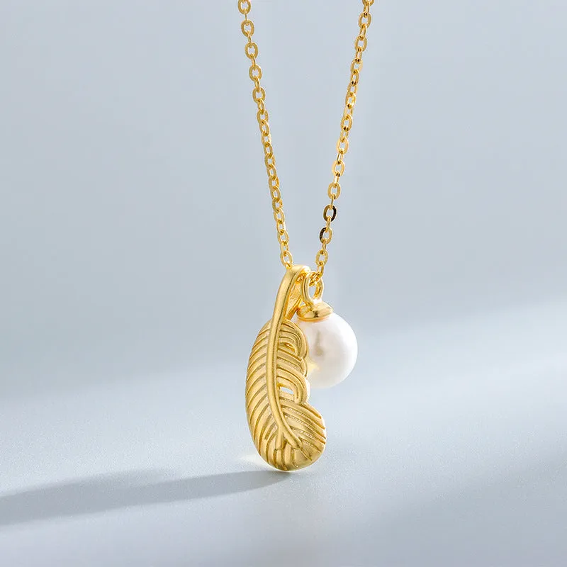 Simple Pearl Feather Pendant Necklace