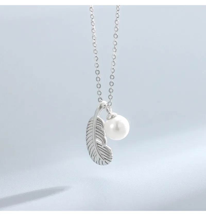 Simple Pearl Feather Pendant Necklace