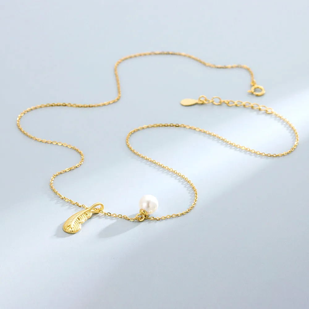 Simple Pearl Feather Pendant Necklace