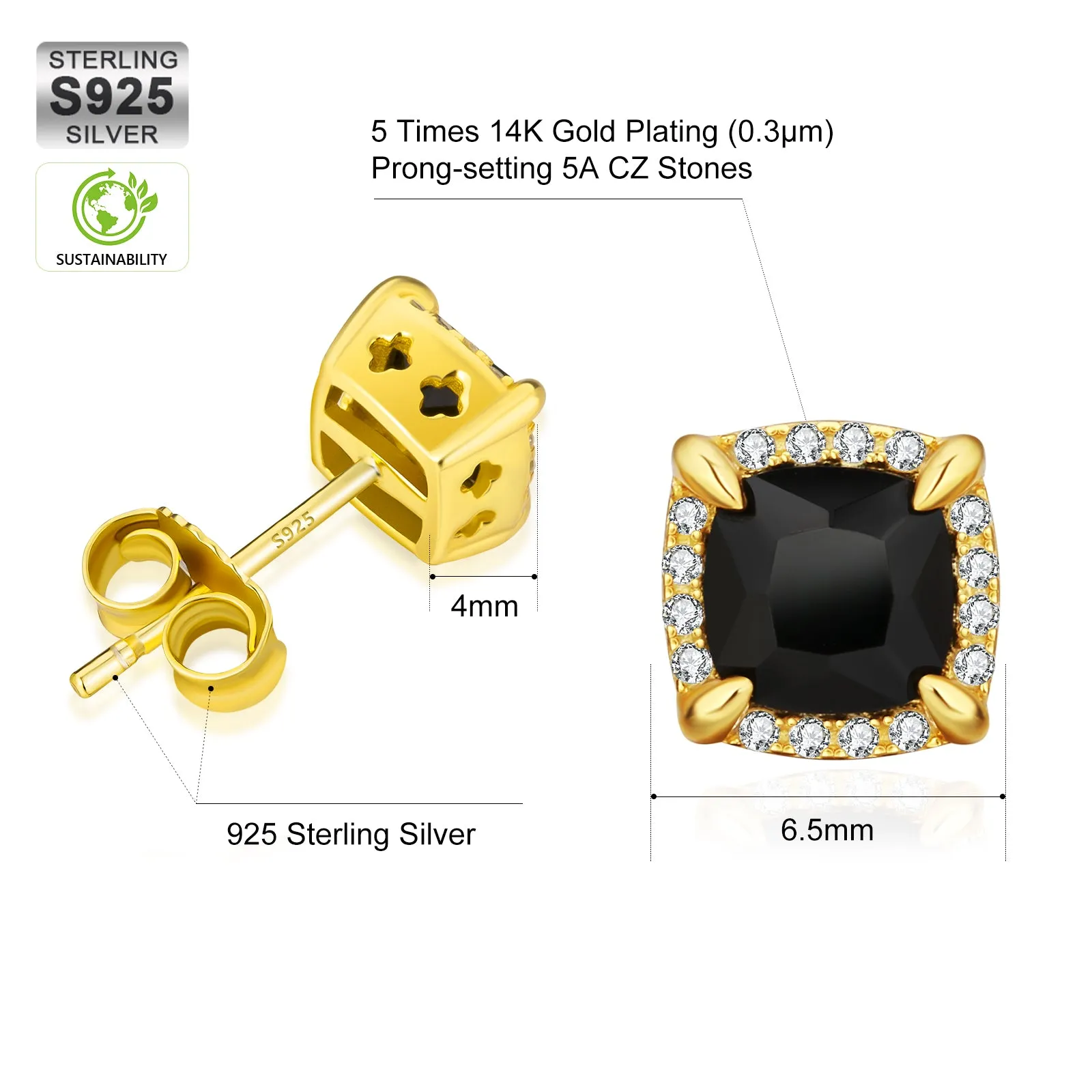 Square Black CZ Prong Setting Stud Earrings for Men