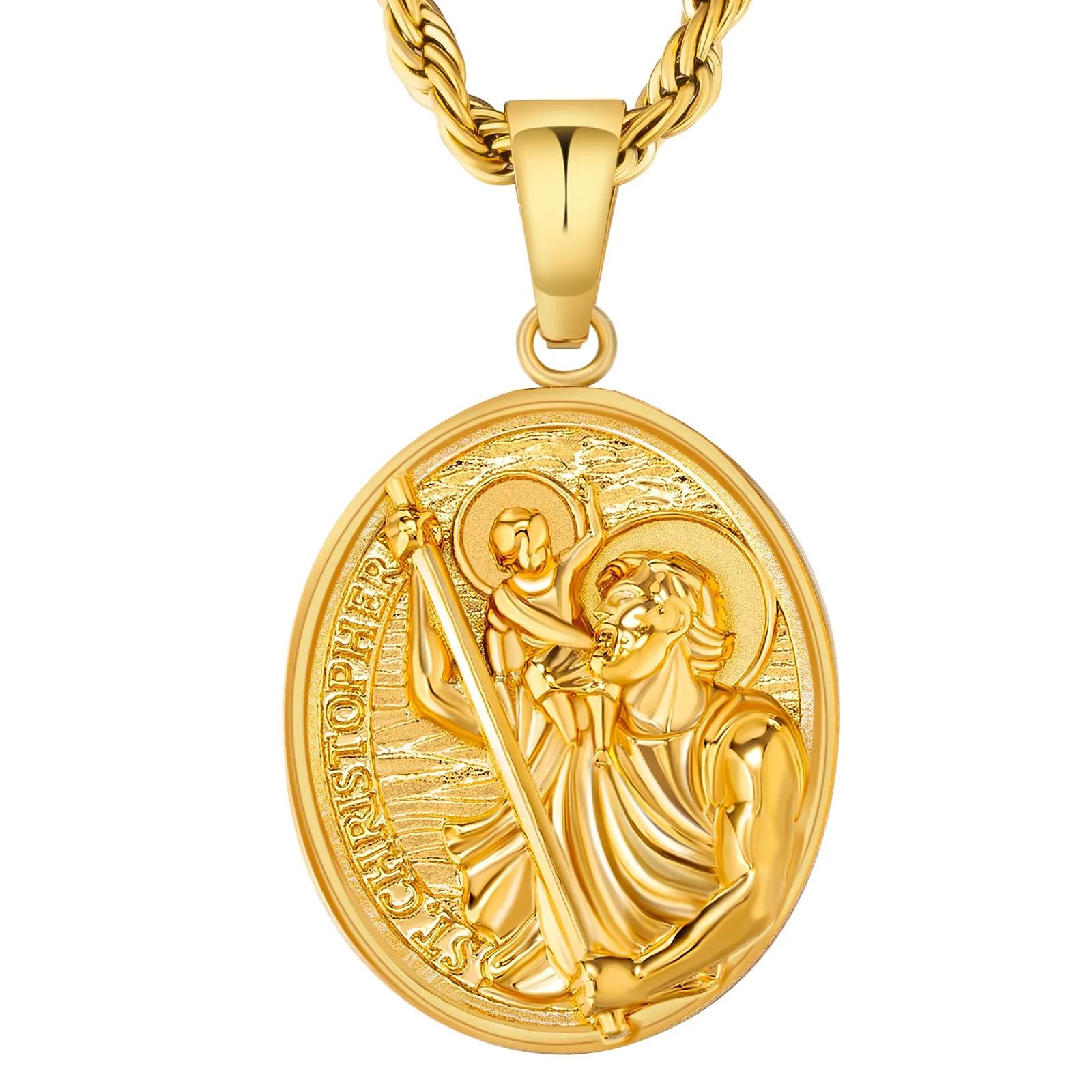 St Christopher Oval Gold Coin Pendant Necklace with Rope Chain for Men