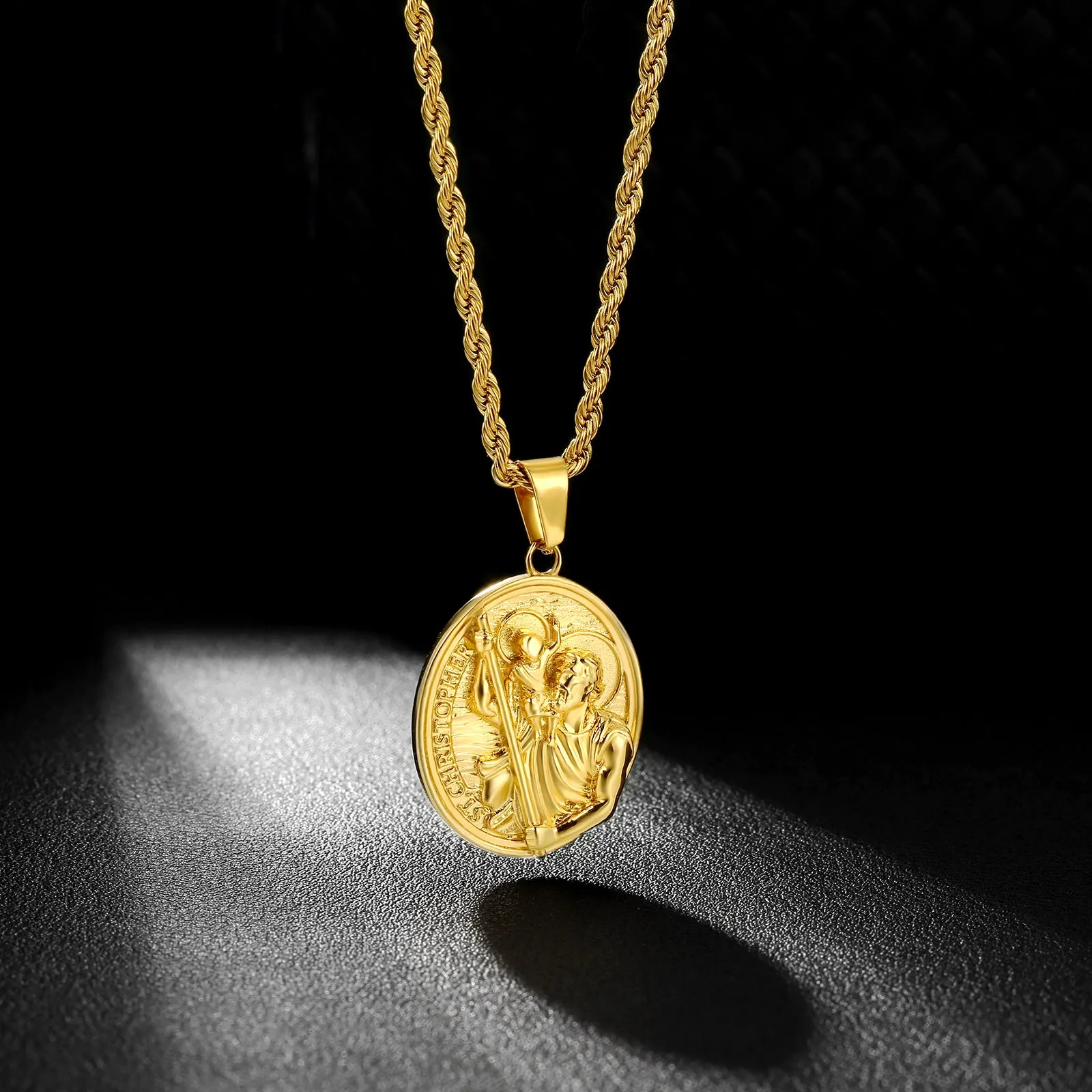 St Christopher Oval Gold Coin Pendant Necklace with Rope Chain for Men