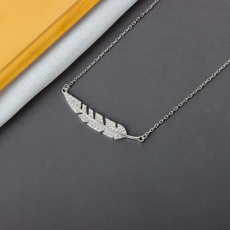 Sterling Silver Full CZ Diamond Feather Necklace