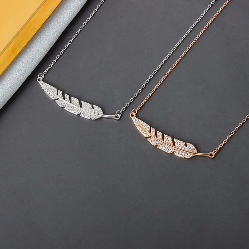 Sterling Silver Full CZ Diamond Feather Necklace