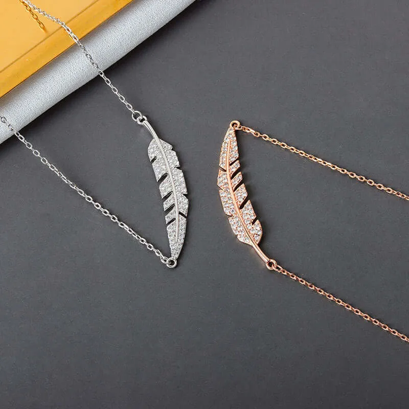 Sterling Silver Full CZ Diamond Feather Necklace