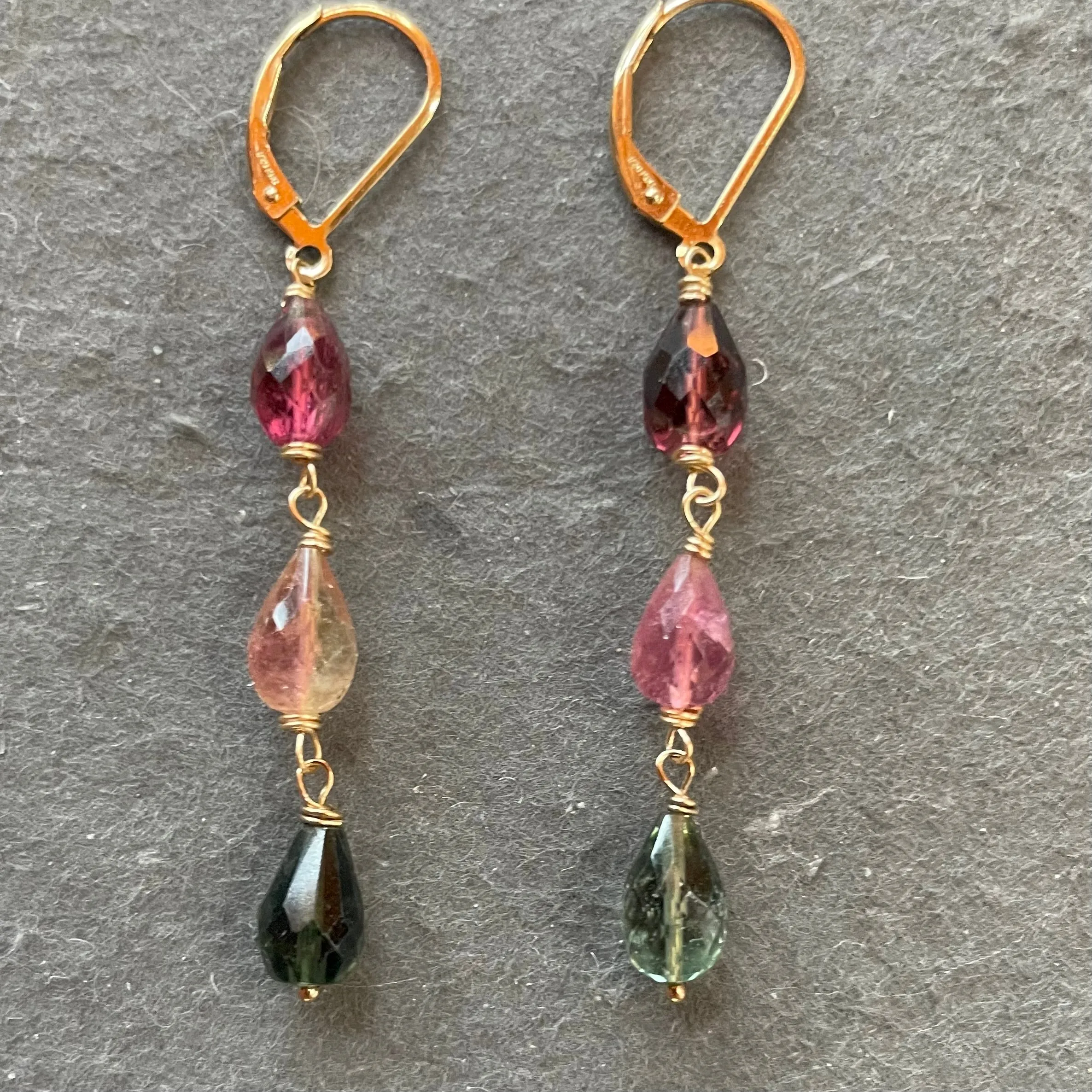 Tourmaline 3 Teardrop Dangles, OOAK