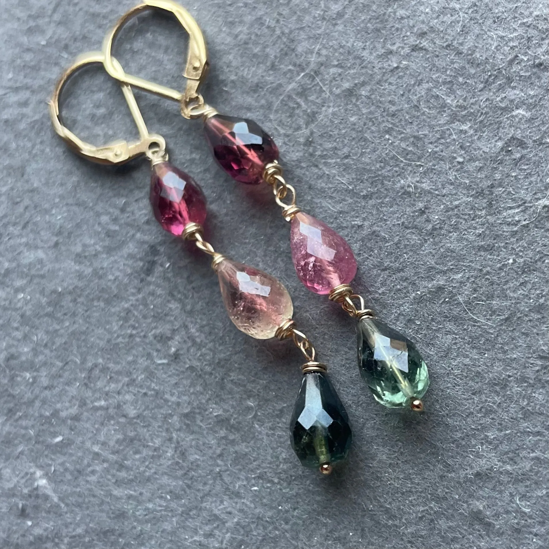 Tourmaline 3 Teardrop Dangles, OOAK