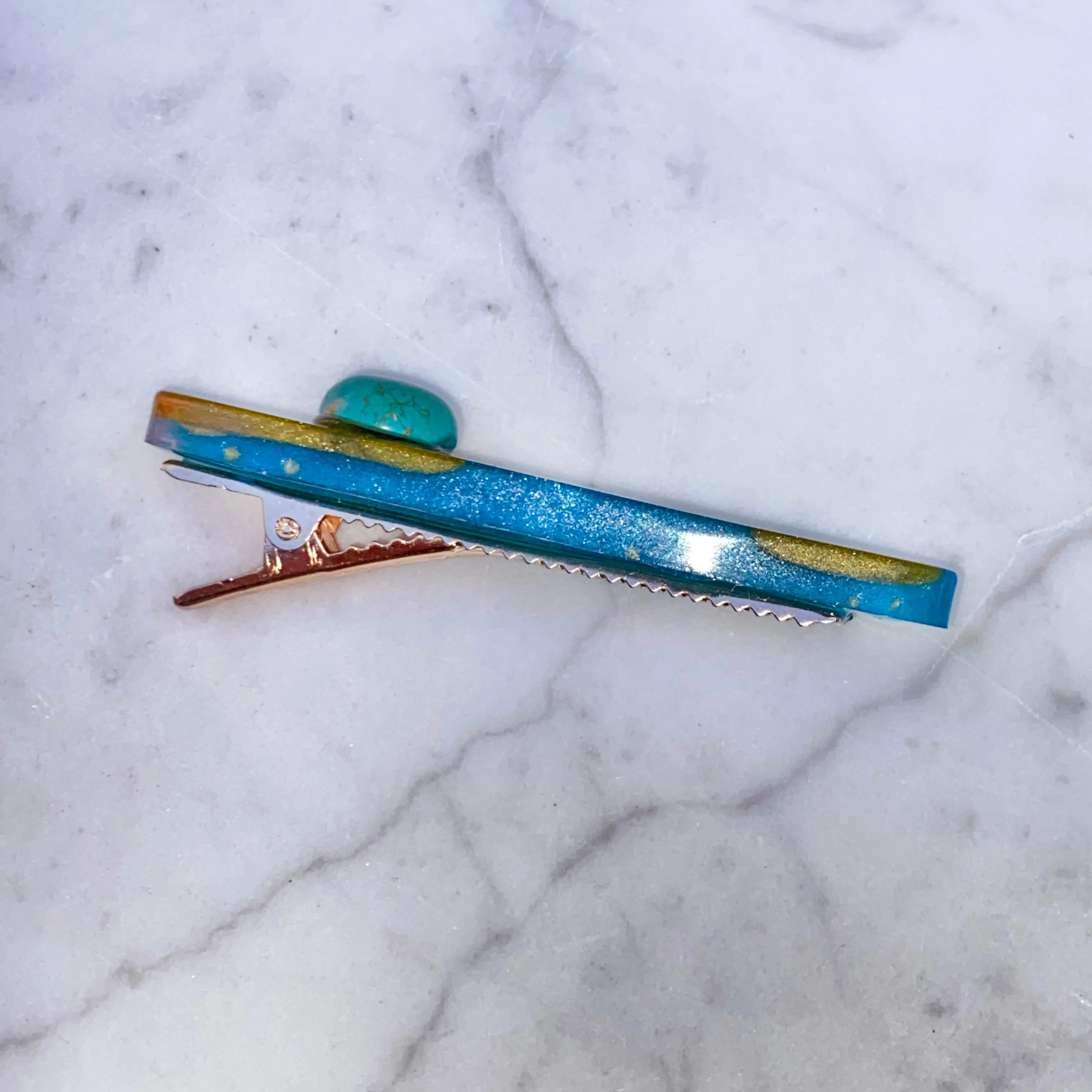 Turquoise gemstone and poured resin Hair Clip