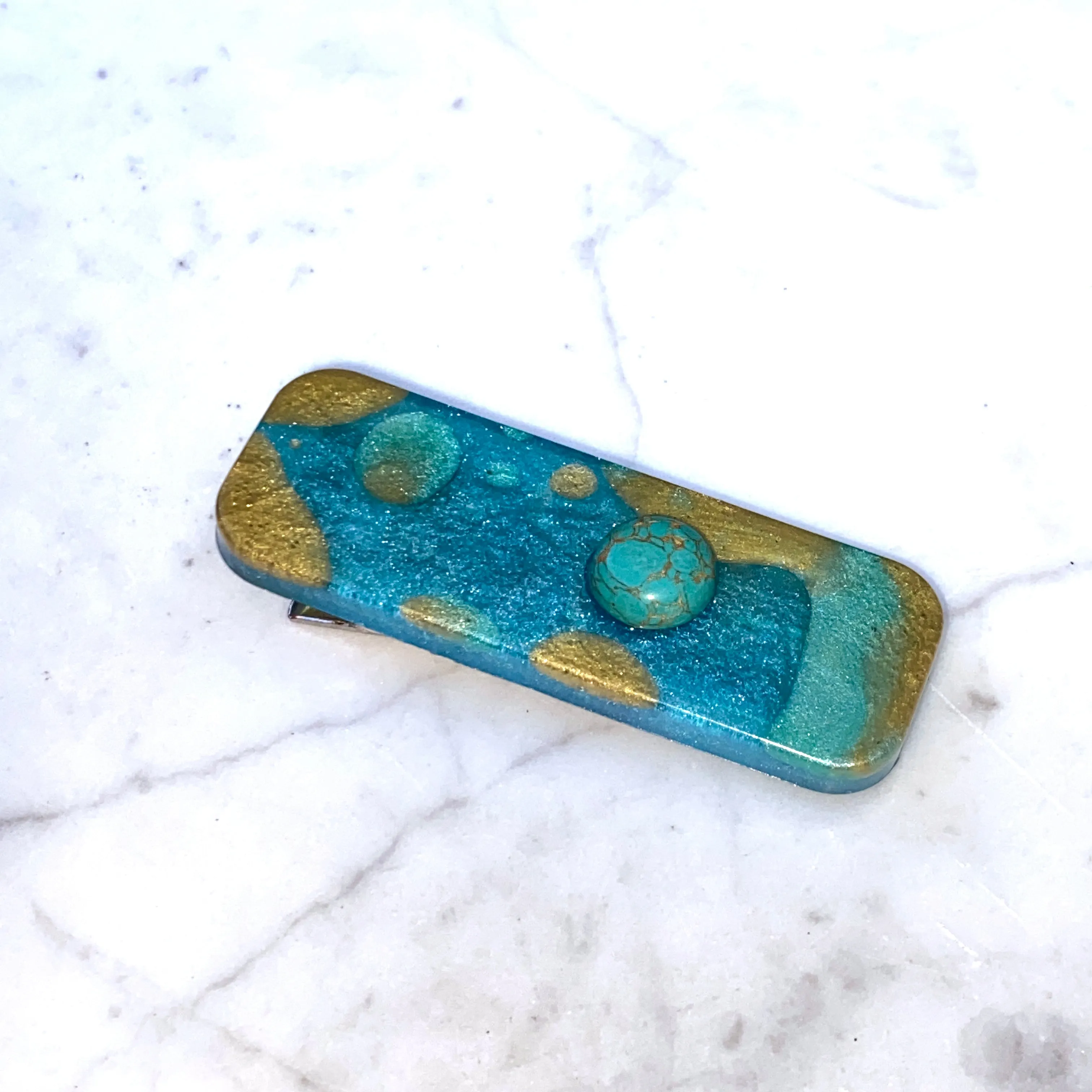 Turquoise gemstone and poured resin Hair Clip