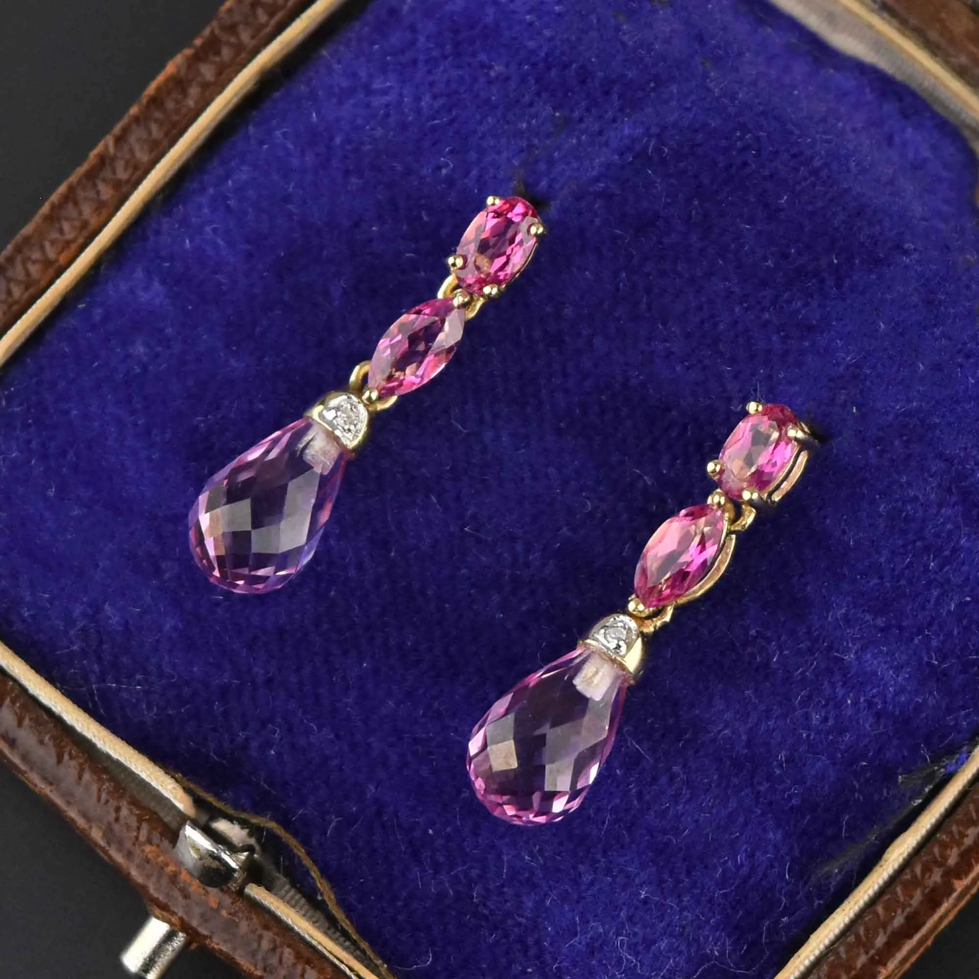 Vintage 14K Gold Diamond Pink Topaz Briolette Dangle Earrings