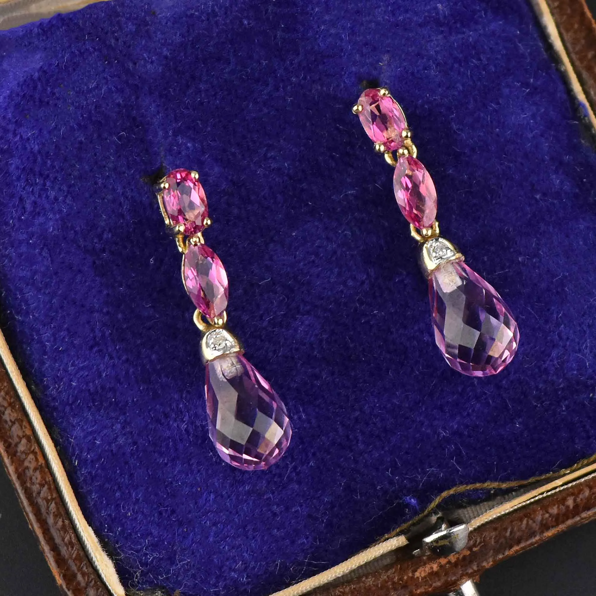 Vintage 14K Gold Diamond Pink Topaz Briolette Dangle Earrings