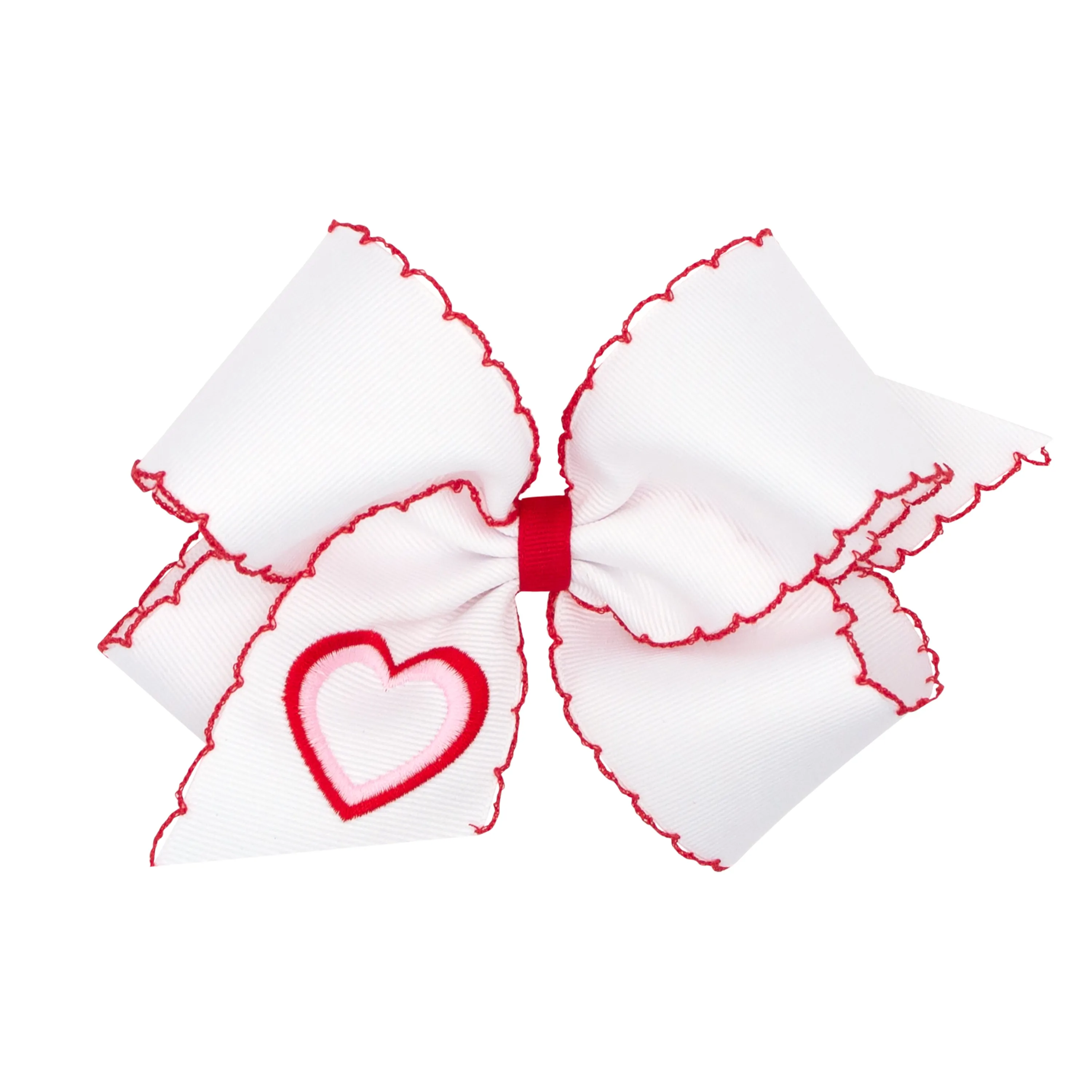 White with Heart Embroidered Red Moon Stitch Hair Bow on Clippie