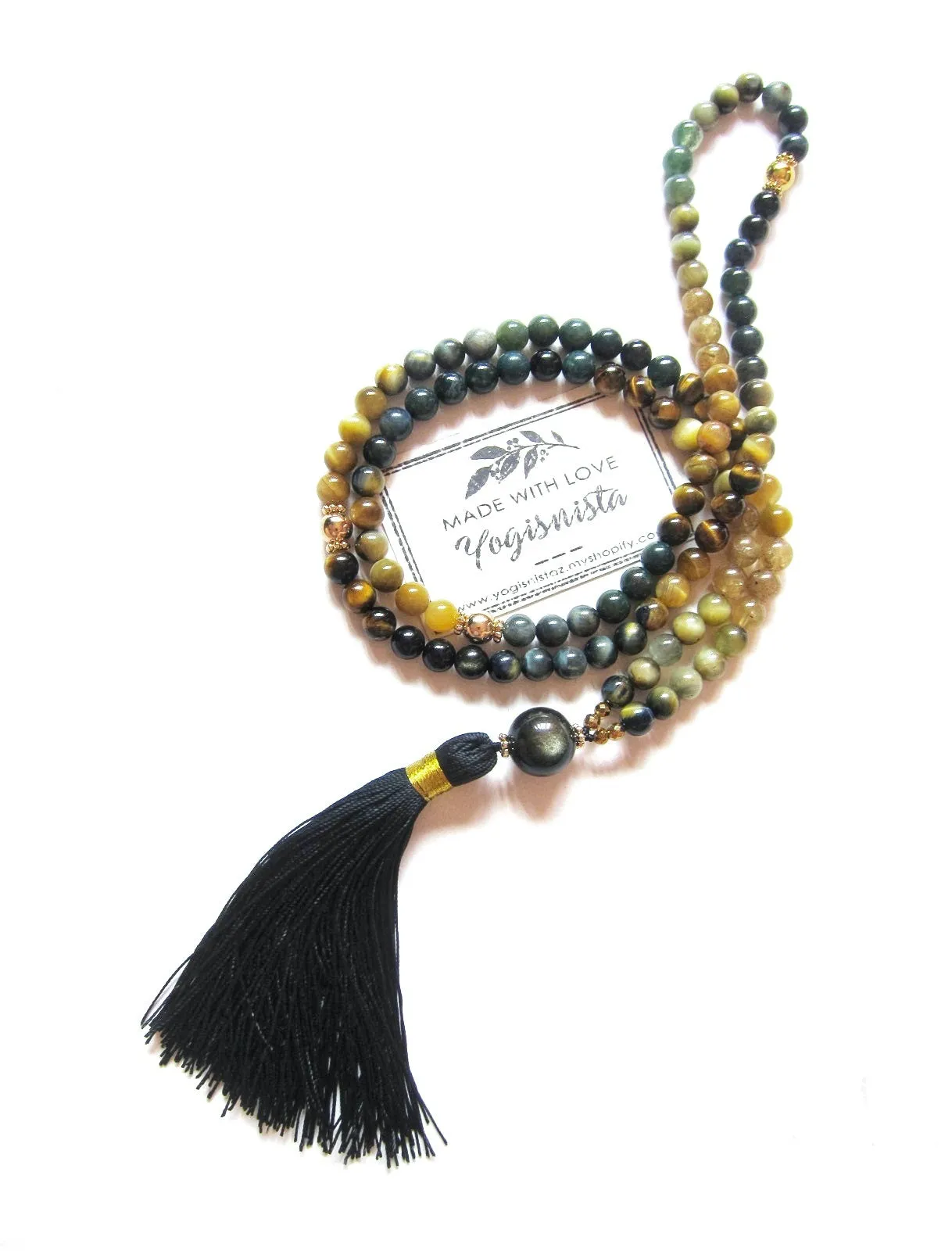 Yellow Honey, Golden Tiger Eye, Bloodstone in 108 Mala Necklace