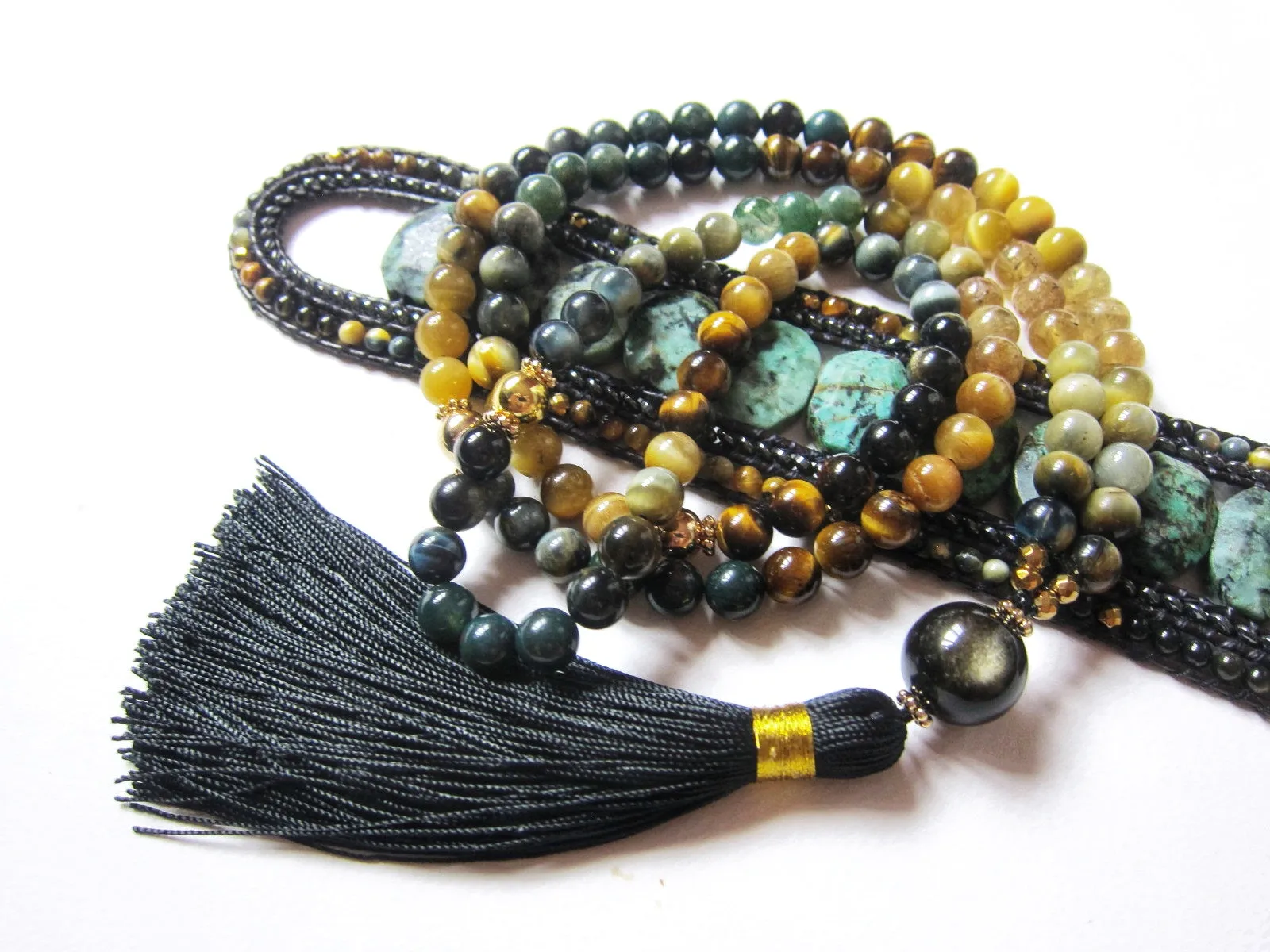 Yellow Honey, Golden Tiger Eye, Bloodstone in 108 Mala Necklace